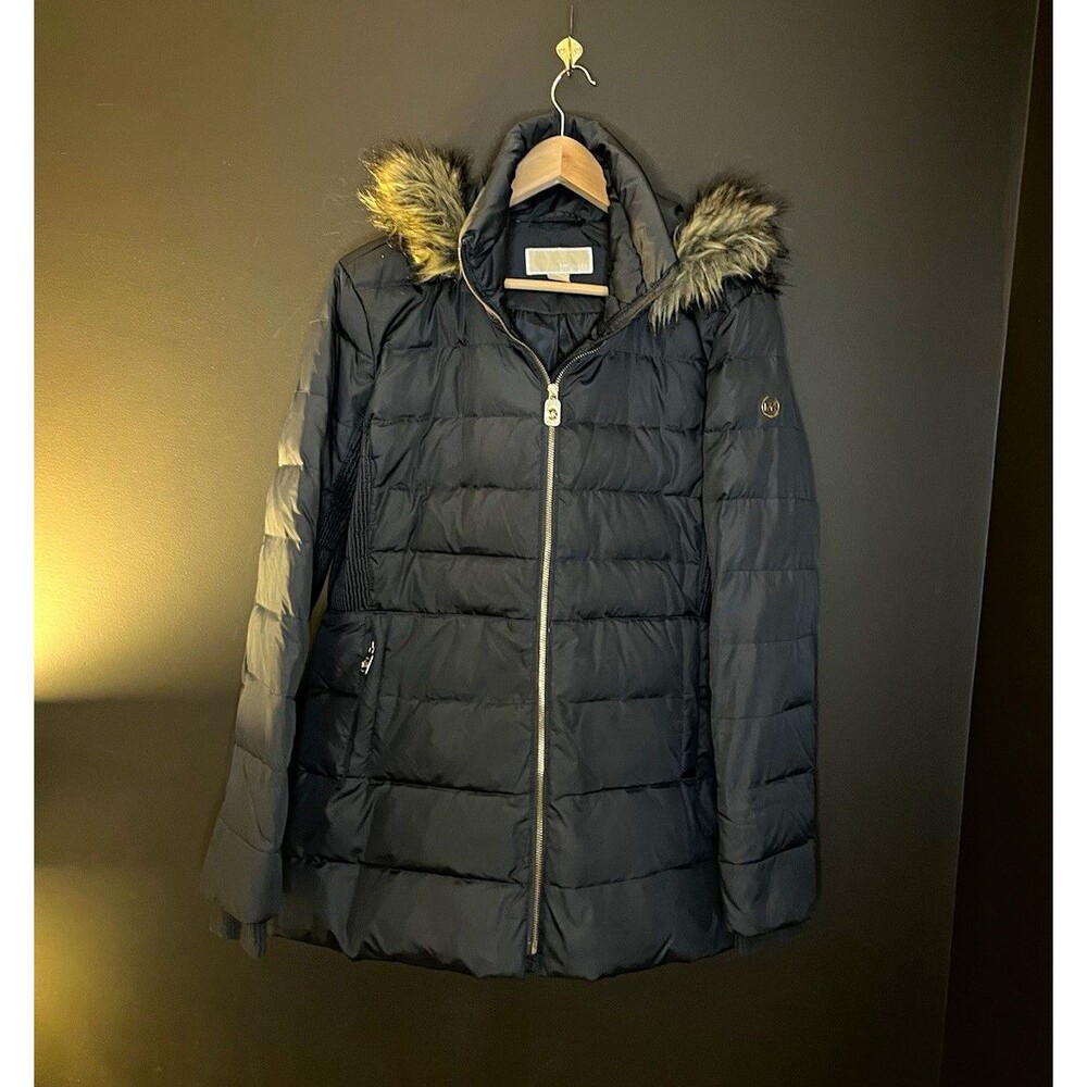 Michael Kors Women’s L Black Down Puffer Coat Faux Fur Hood Gold Zip Winter